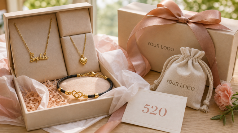 Realistic 520 personalized jewelry gift cover with name necklace, heart jewelry, and YOUR LOGO merchant packaging