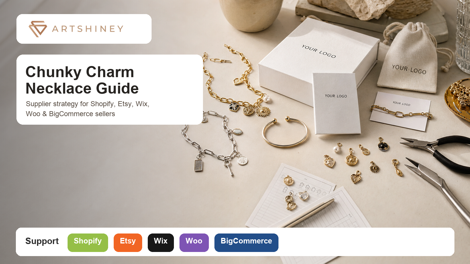 Artshiney chunky charm necklace supplier guide cover with YOUR LOGO packaging and platform support strip