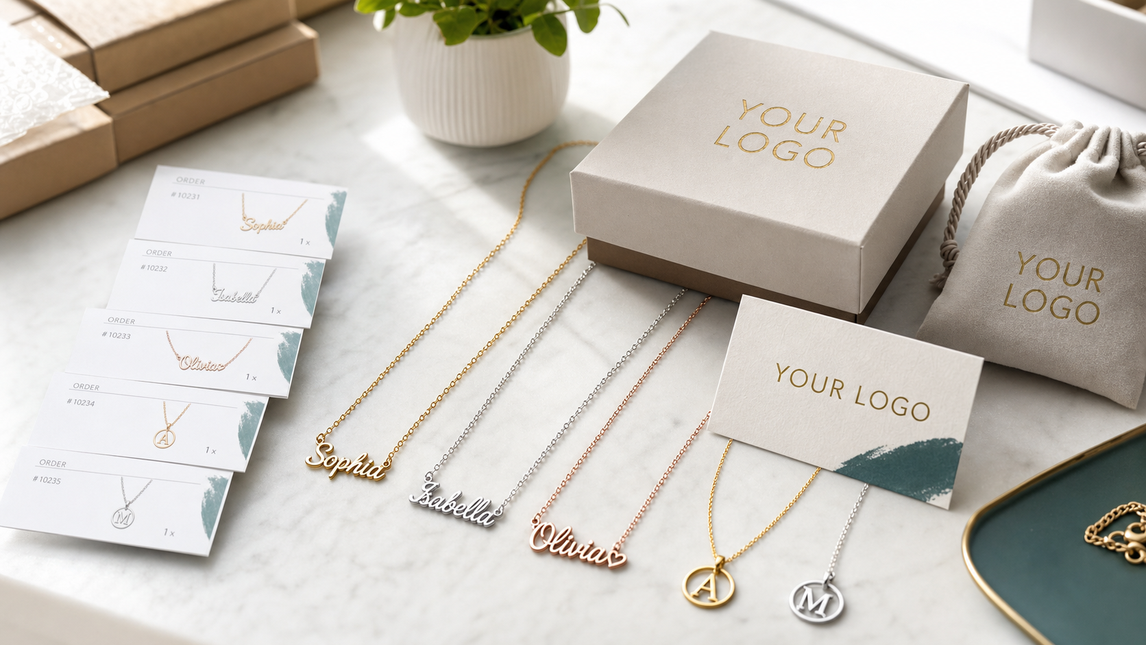 Custom jewelry packaging with name necklaces and YOUR LOGO materials for ecommerce sellers