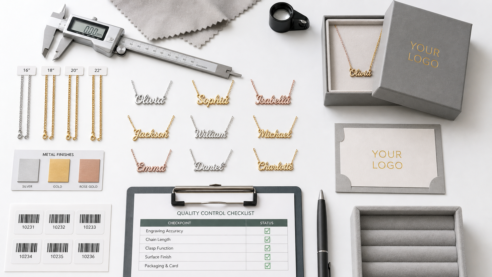Personalized jewelry quality control desk with chain lengths, finish swatches, and YOUR LOGO packaging