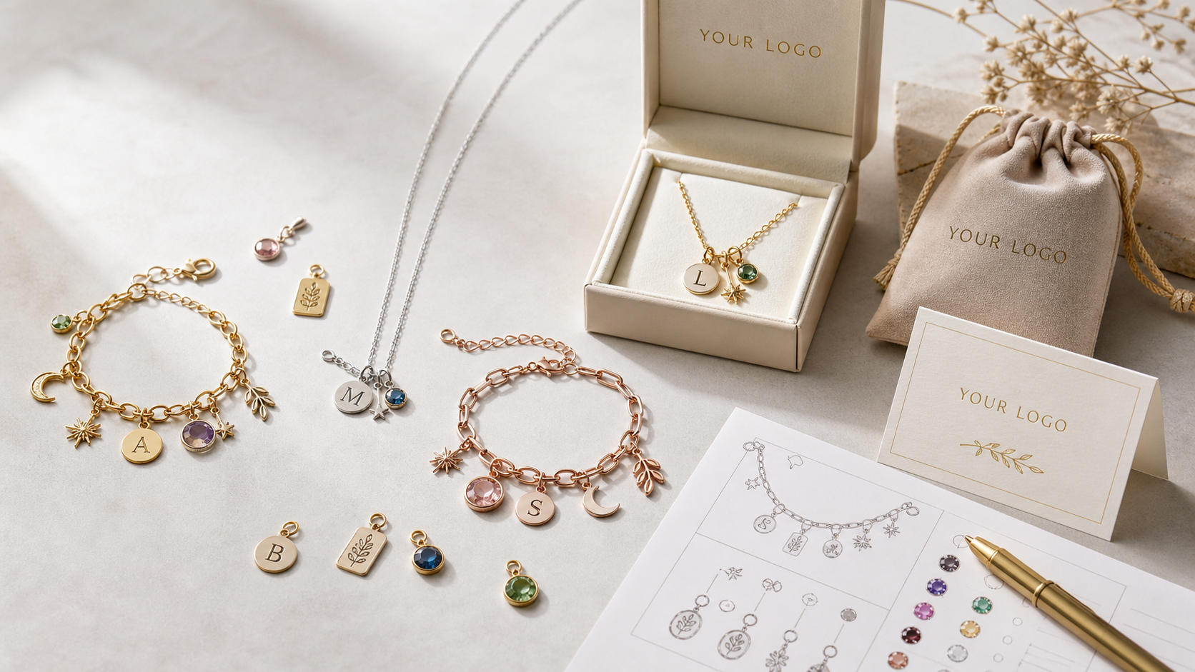Custom charm jewelry collection with YOUR LOGO packaging for Shopify and Etsy sellers