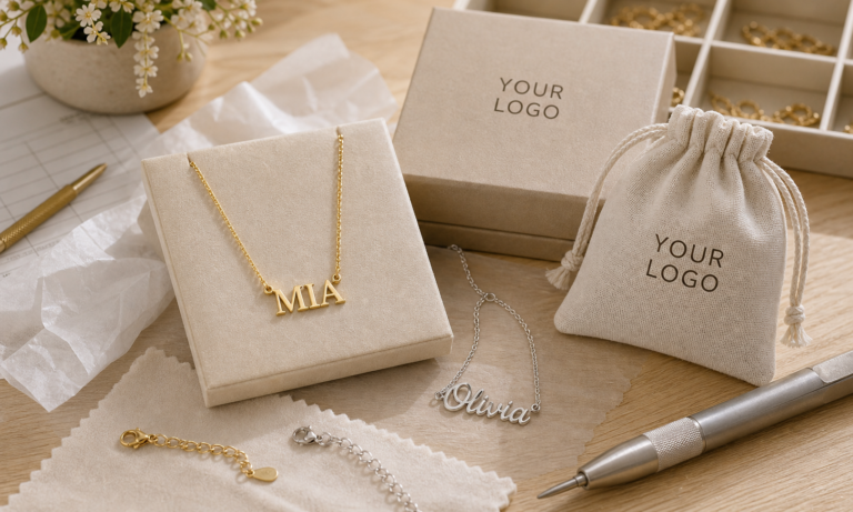 Realistic name necklace supplier cover with MIA nameplate necklace and YOUR LOGO packaging