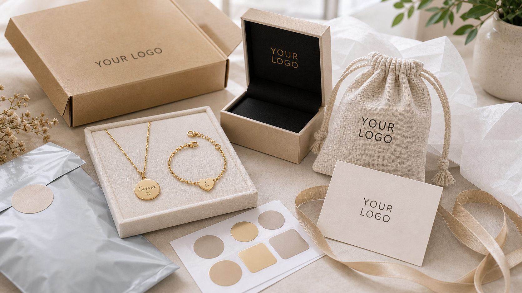 Realistic personalized jewelry brand kit with private label packaging marked YOUR LOGO