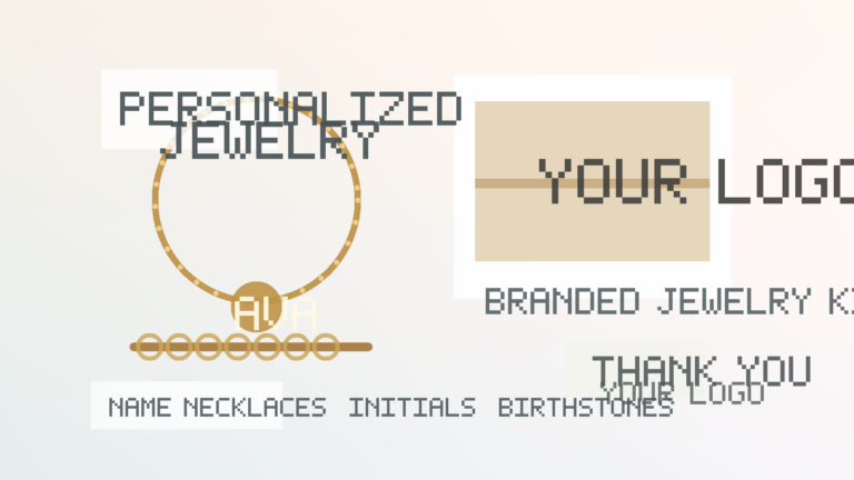 Personalized jewelry dropshipping brand kit with name necklace, bracelet, thank-you card, and YOUR LOGO packaging