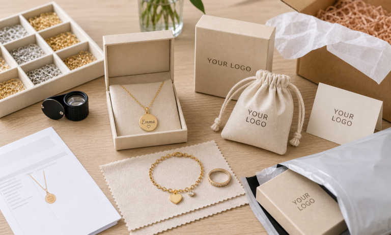 Realistic personalized jewelry dropshipping cover with custom pendant, fulfillment tools, and YOUR LOGO packaging