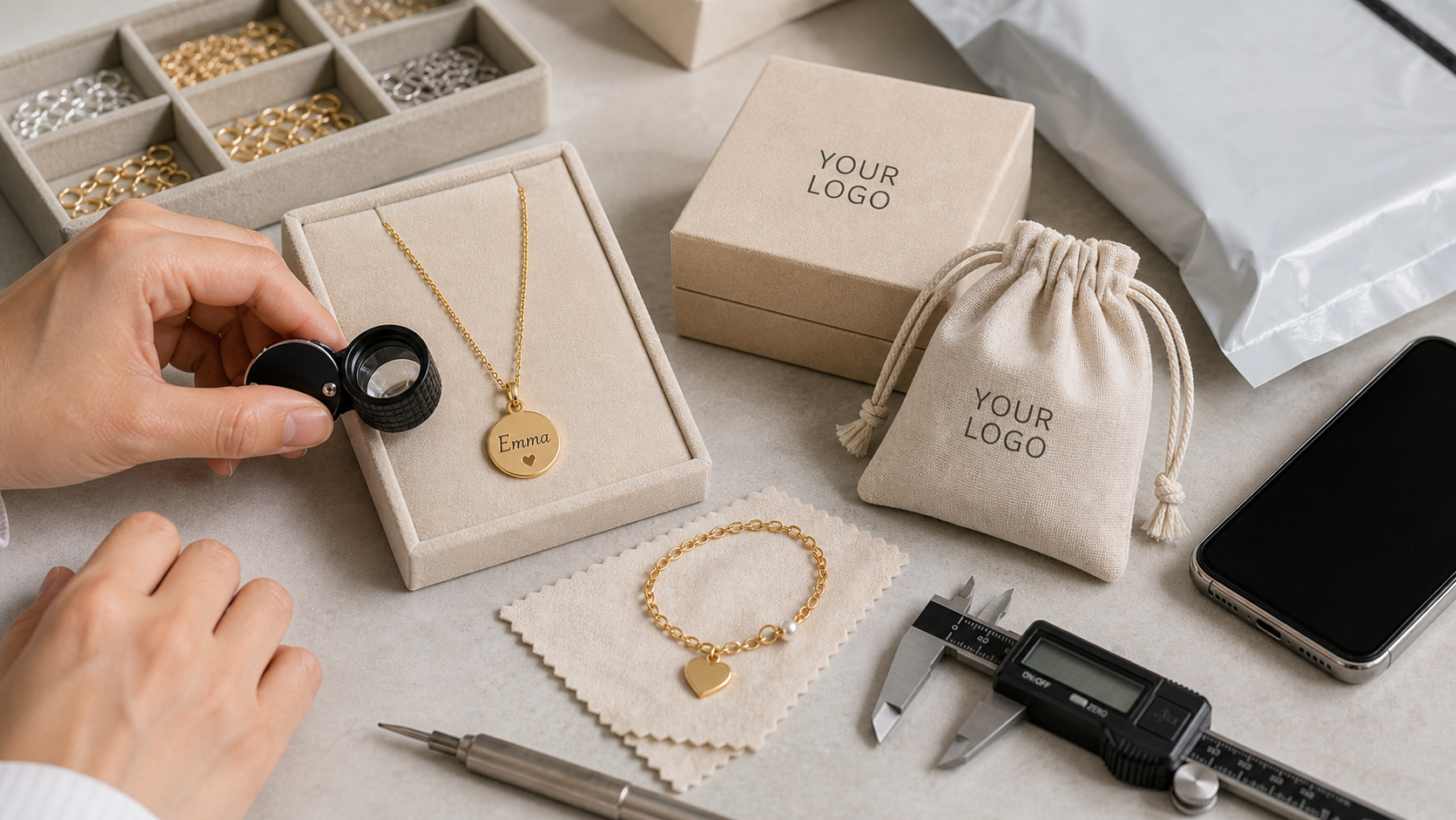 Realistic personalized jewelry quality control workflow with inspection tools and YOUR LOGO packaging