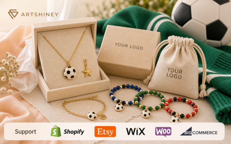 Artshiney World Cup jewelry seller guide cover with Support platform strip for Shopify Etsy Wix Woo and BigCommerce