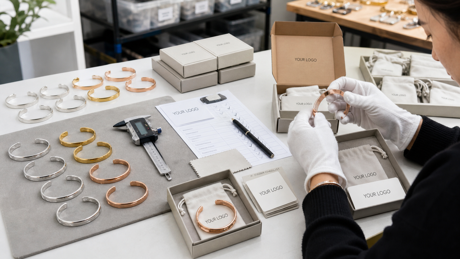 Quality control and fulfillment workflow for custom cuff bracelets with YOUR LOGO packaging