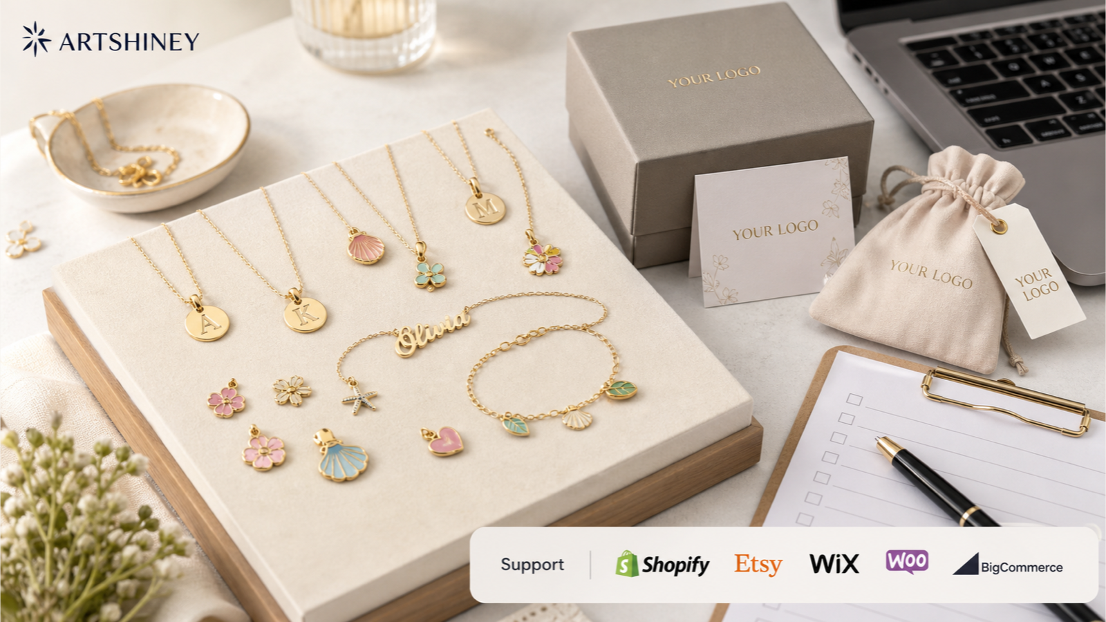 Artshiney whimsical personalized jewelry supplier cover for Shopify, Etsy, Wix, Woo, and BigCommerce sellers