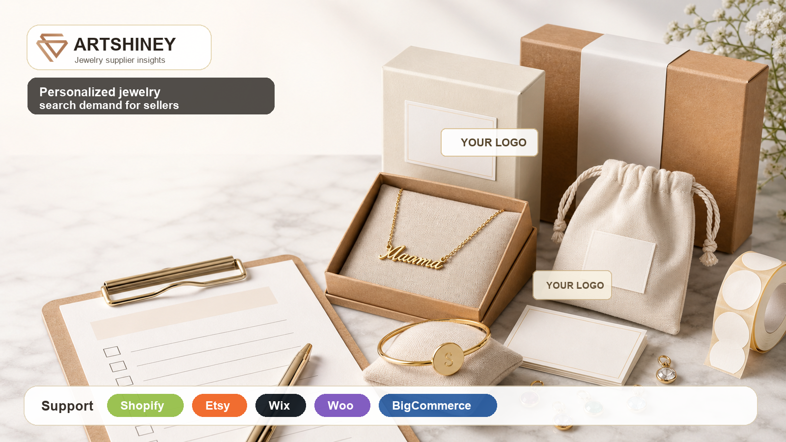 Artshiney personalized jewelry search demand cover with YOUR LOGO packaging and platform support for ecommerce sellers