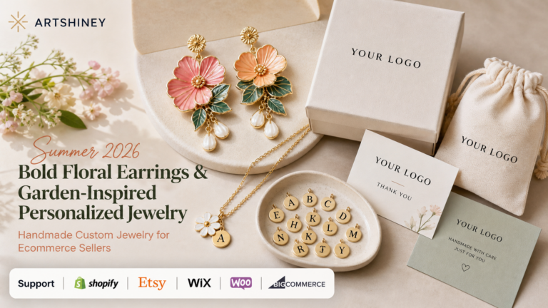Summer floral earrings and personalized jewelry collection with YOUR LOGO packaging and Artshiney support for Shopify Etsy Wix Woo and BigCommerce sellers
