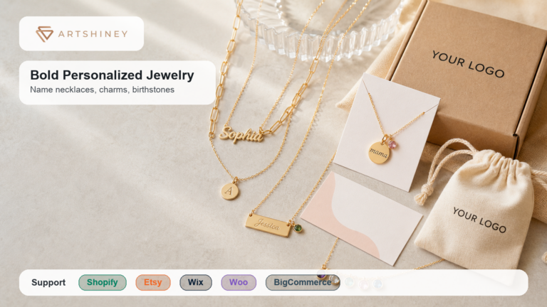 Artshiney featured image for bold personalized jewelry with name necklaces, birthstone charms, YOUR LOGO packaging, and supported ecommerce platforms