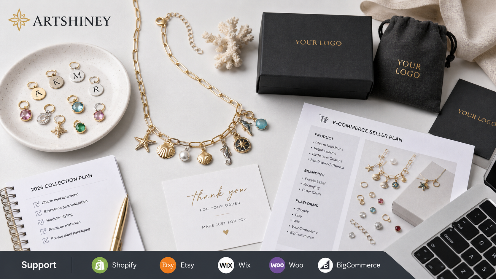 Artshiney charm necklace trend cover for ecommerce sellers with YOUR LOGO packaging and supported platform strip