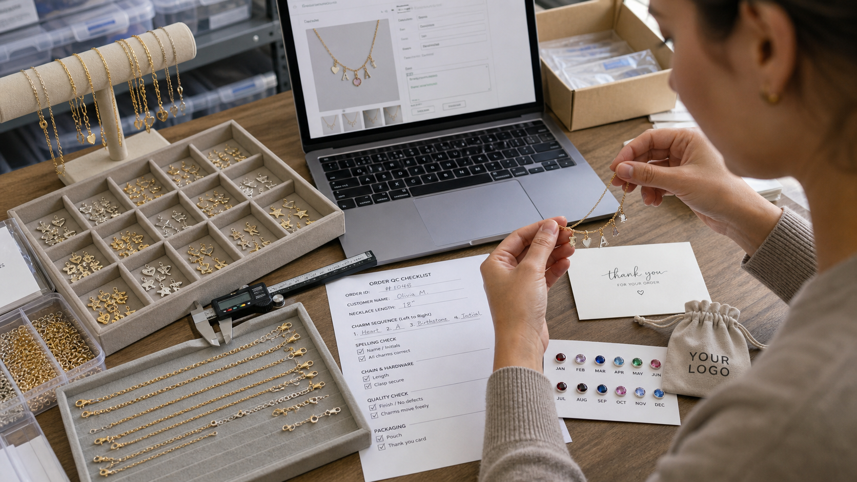 Merchant quality control workstation for custom charm necklaces with YOUR LOGO packaging