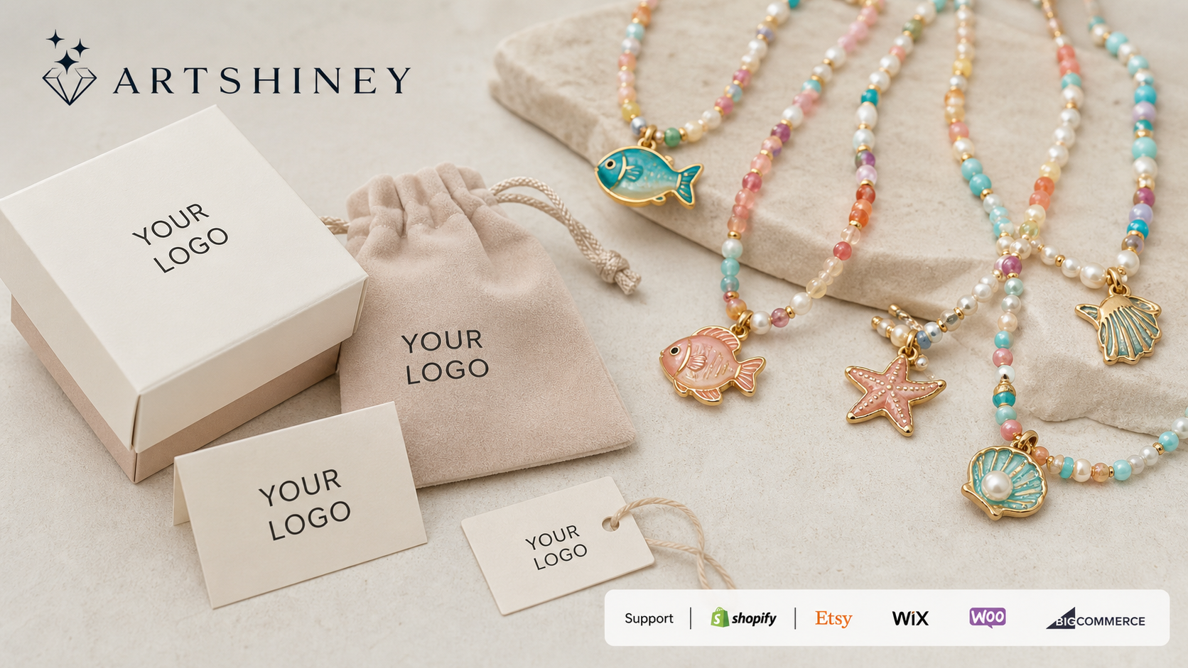 Artshiney dopamine beaded jewelry cover with YOUR LOGO packaging and Support strip for Shopify Etsy Wix Woo and BigCommerce sellers