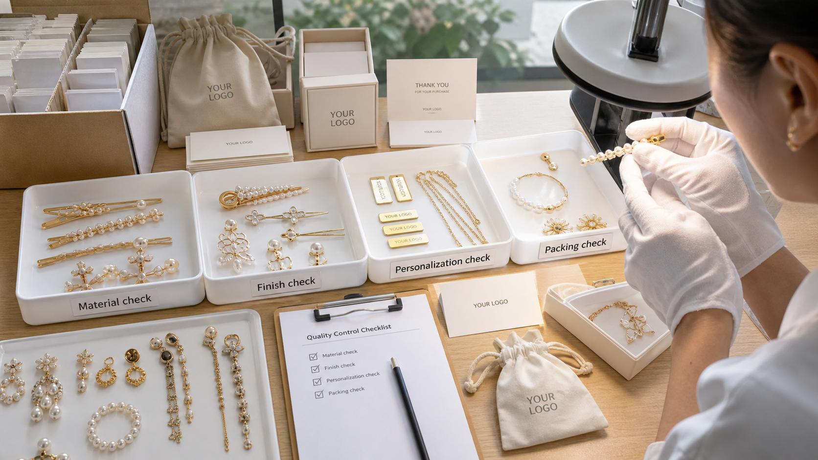 Quality control workbench for hair jewelry, statement earrings, personalized charms, and YOUR LOGO private-label packaging