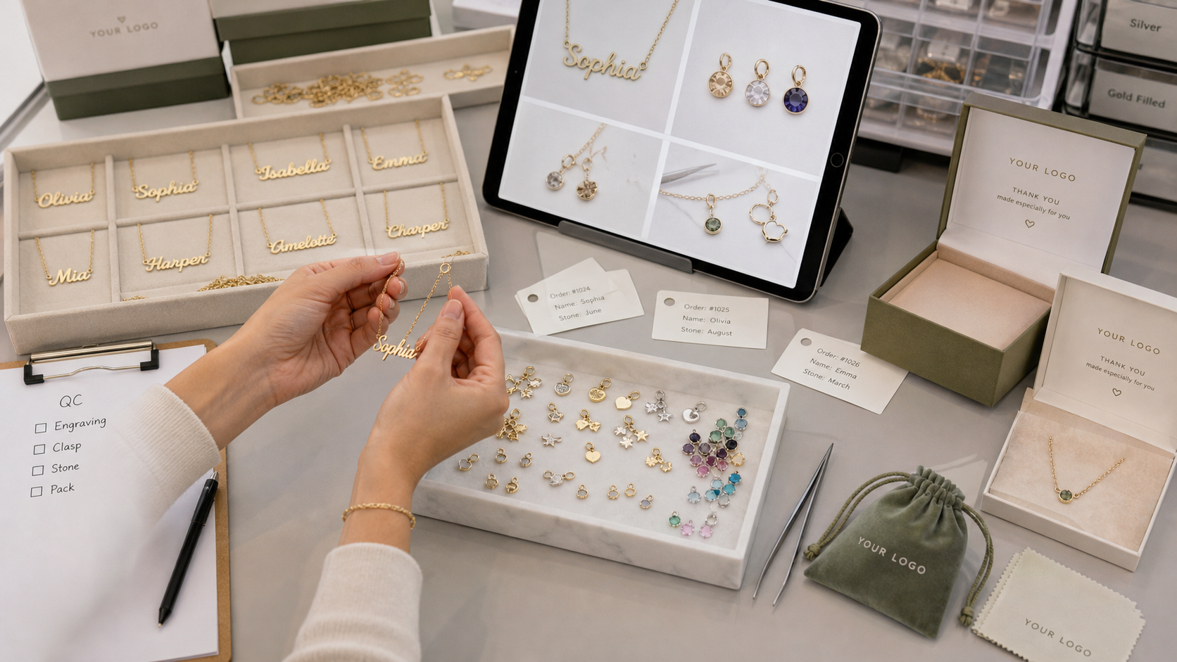 Quality control workflow for custom name necklaces and charm jewelry with private-label packaging