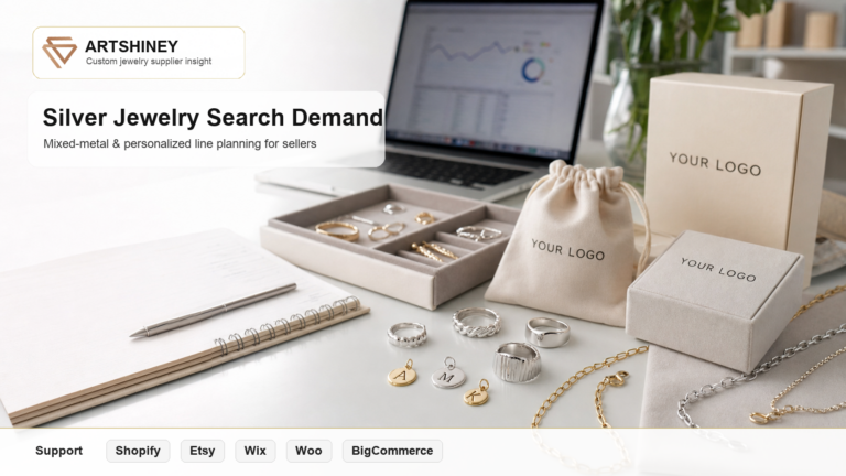 Artshiney silver jewelry search demand cover with Support platform strip for Shopify Etsy Wix Woo and BigCommerce sellers