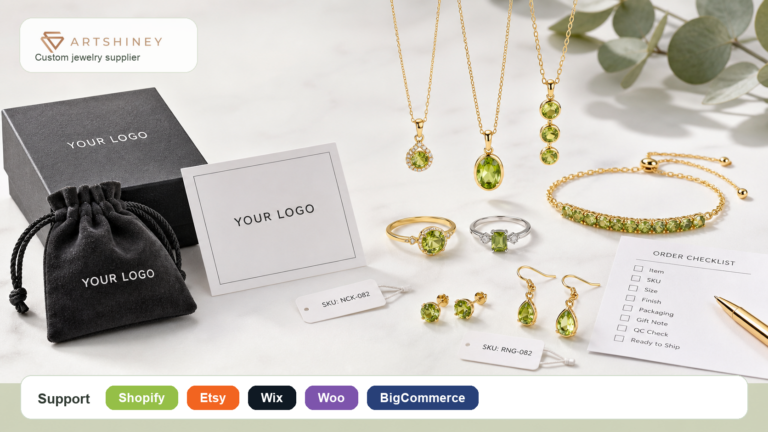 Artshiney August birthstone custom jewelry collection cover with Shopify Etsy Wix Woo and BigCommerce support strip