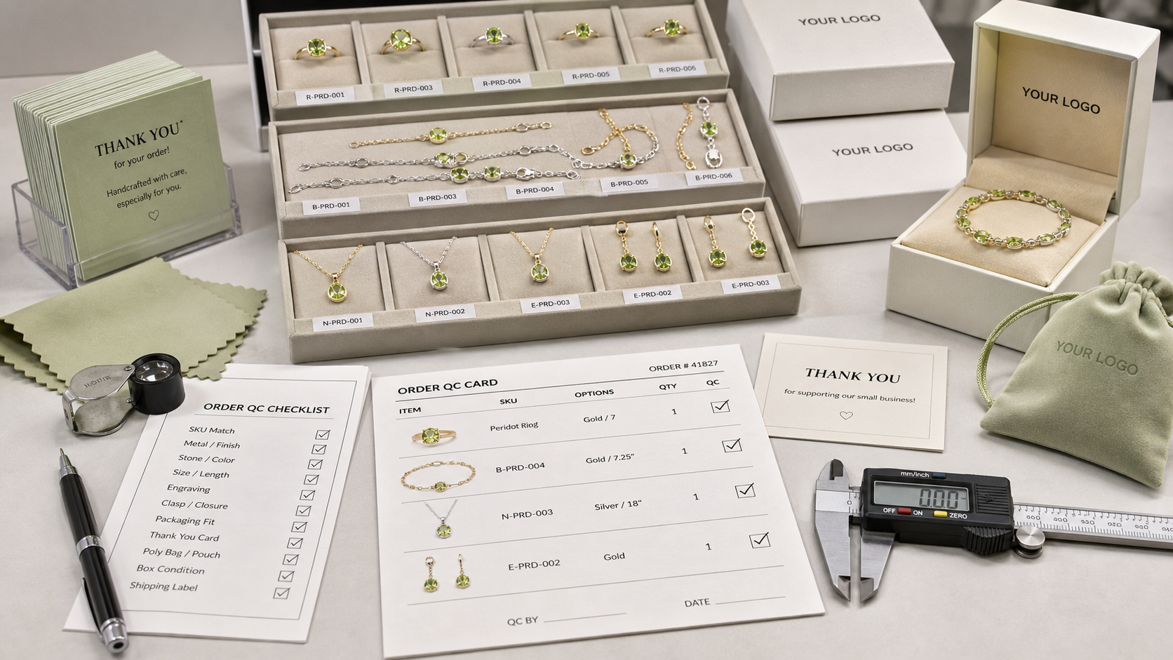 Quality control workbench for August birthstone necklaces rings bracelets and earrings with YOUR LOGO private label packaging