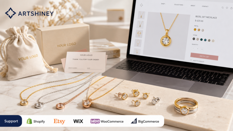 Artshiney bezel-set jewelry trend cover with ARTSHINEY branding, YOUR LOGO packaging, and Support strip for Shopify Etsy Wix WooCommerce and BigCommerce sellers