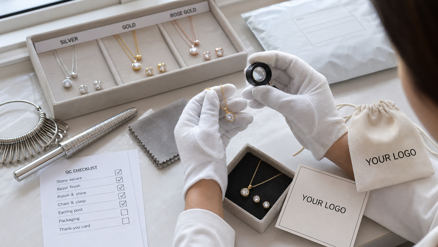 Bezel-set custom jewelry quality control workflow with metal color trays, loupe inspection, and YOUR LOGO packaging for ecommerce sellers
