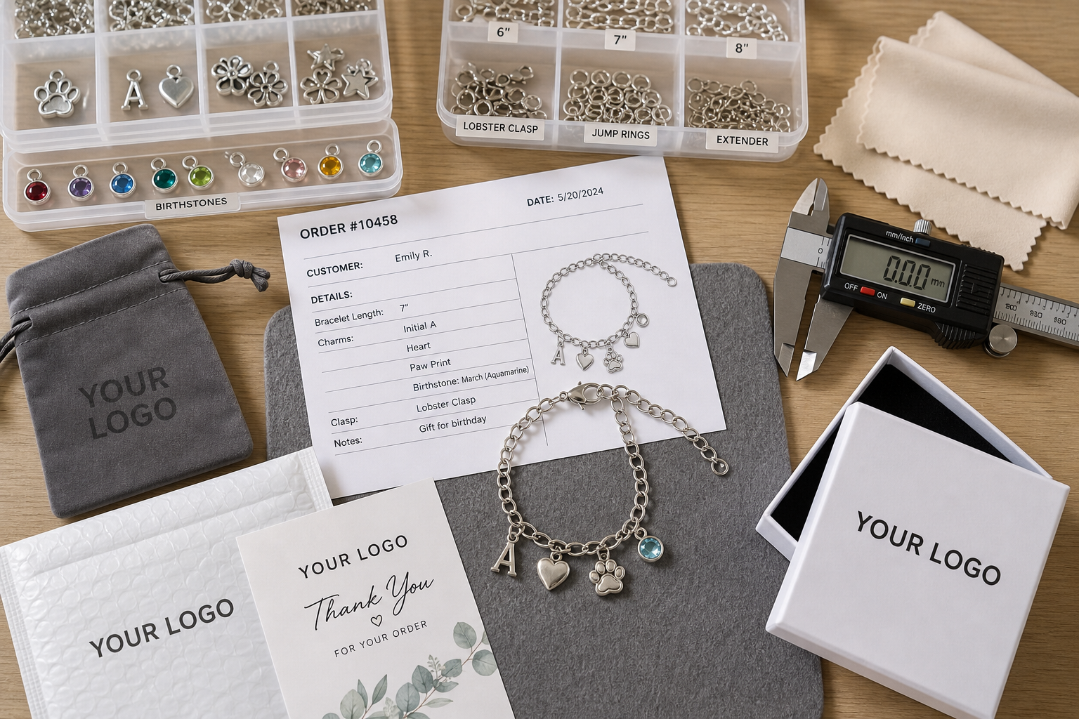 Quality control workbench for custom charm bracelet orders with YOUR LOGO private label packaging