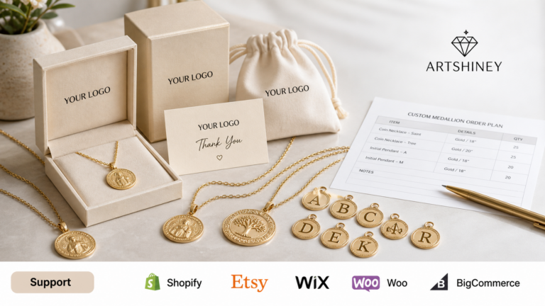 Artshiney gold coin necklace and custom medallion jewelry cover with Shopify Etsy Wix WooCommerce and BigCommerce support strip