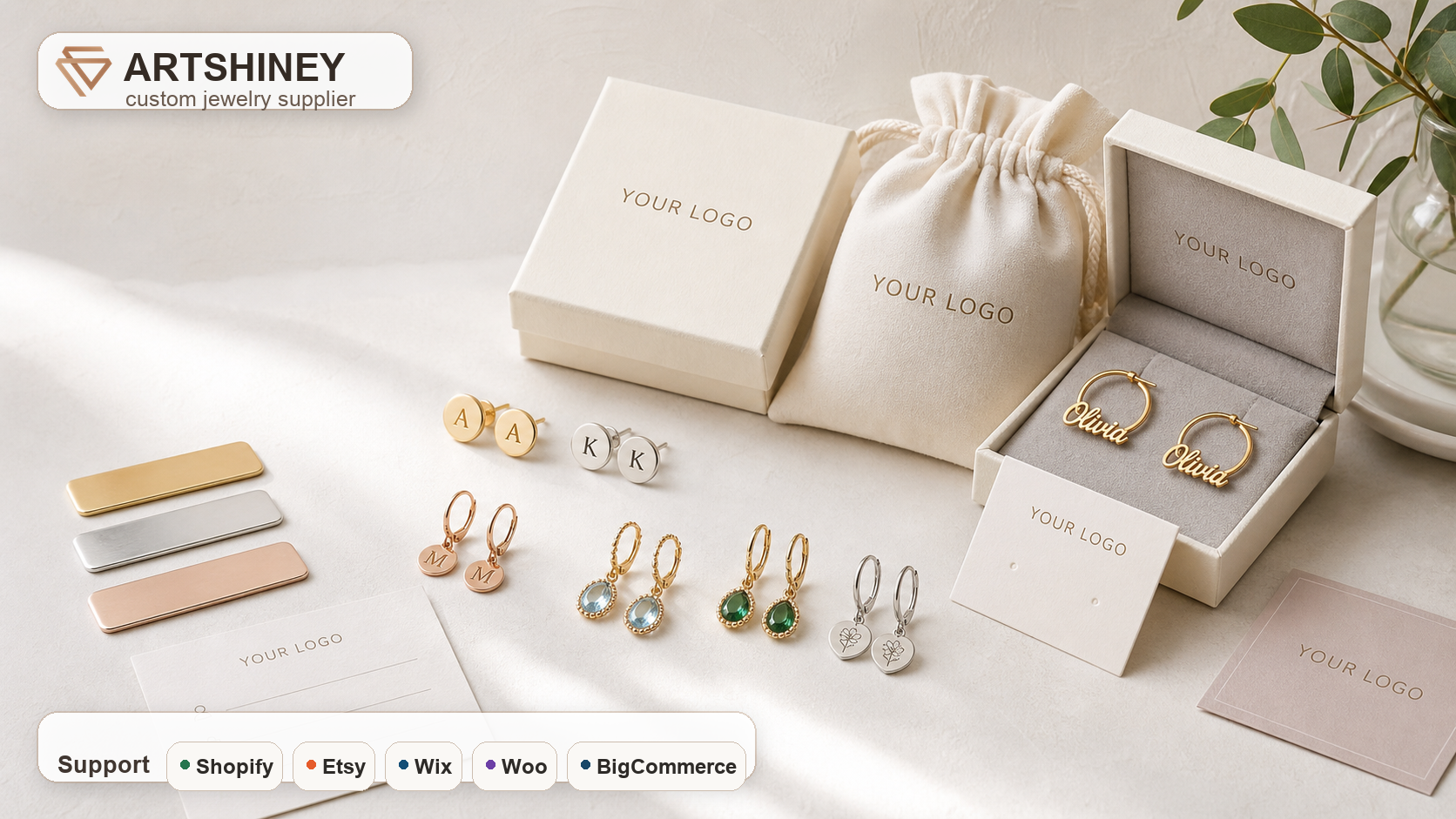 Artshiney personalized earrings supplier cover with YOUR LOGO packaging and Support platform strip for Shopify Etsy Wix Woo and BigCommerce sellers