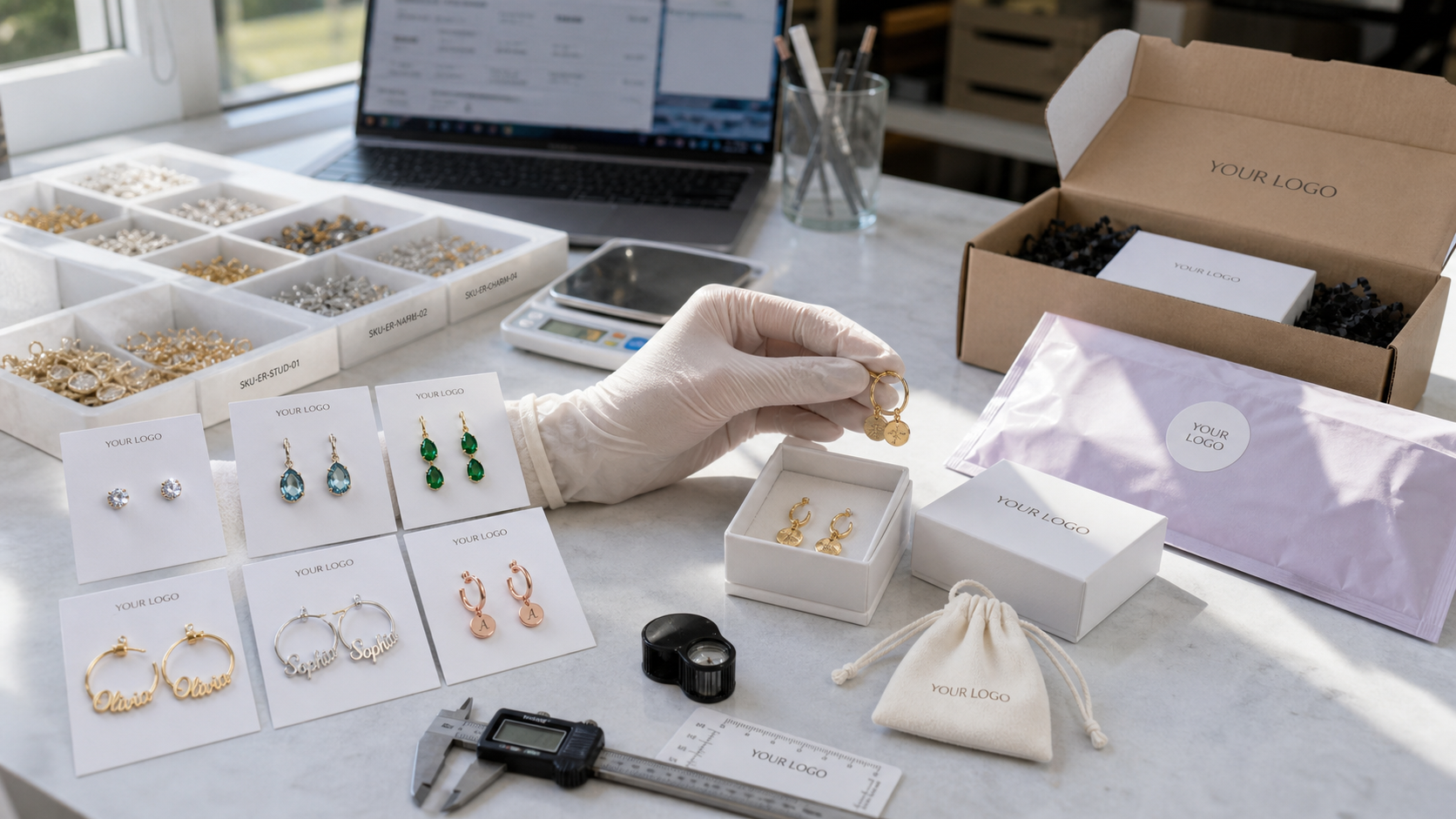Quality control and private label packaging workflow for personalized earrings with YOUR LOGO merchant branding