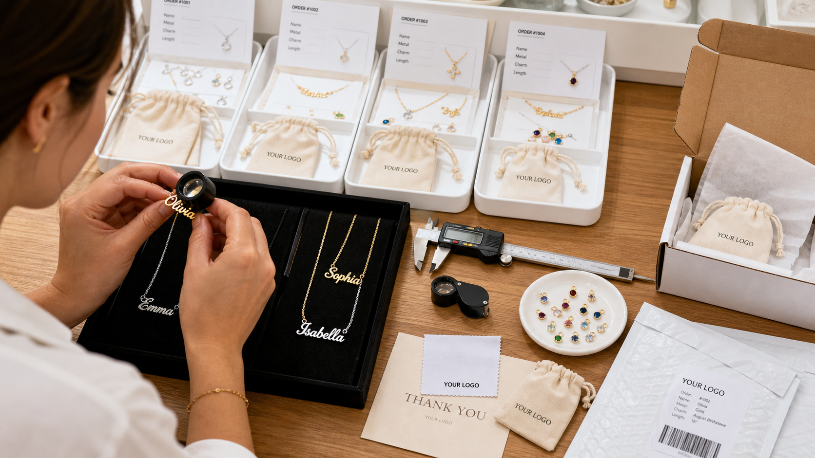 Quality control workbench for personalized name necklace and charm jewelry orders with YOUR LOGO private label packaging