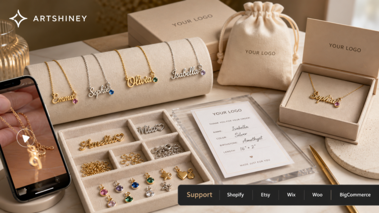 Artshiney personalized jewelry cover with name necklaces YOUR LOGO packaging and Support strip for Shopify Etsy Wix Woo and BigCommerce sellers