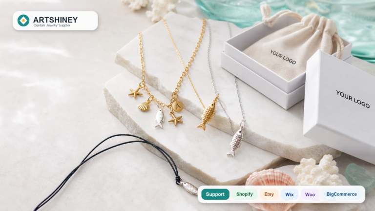 Artshiney sardine necklace seller guide cover with fish charm jewelry, YOUR LOGO packaging, and Support platform strip