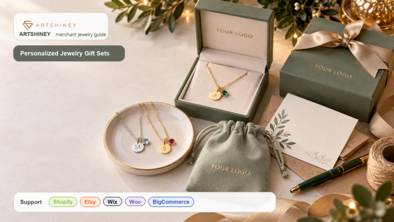 Personalized jewelry gift set cover with Artshiney publisher branding, YOUR LOGO packaging, and Support strip for Shopify Etsy Wix Woo and BigCommerce sellers