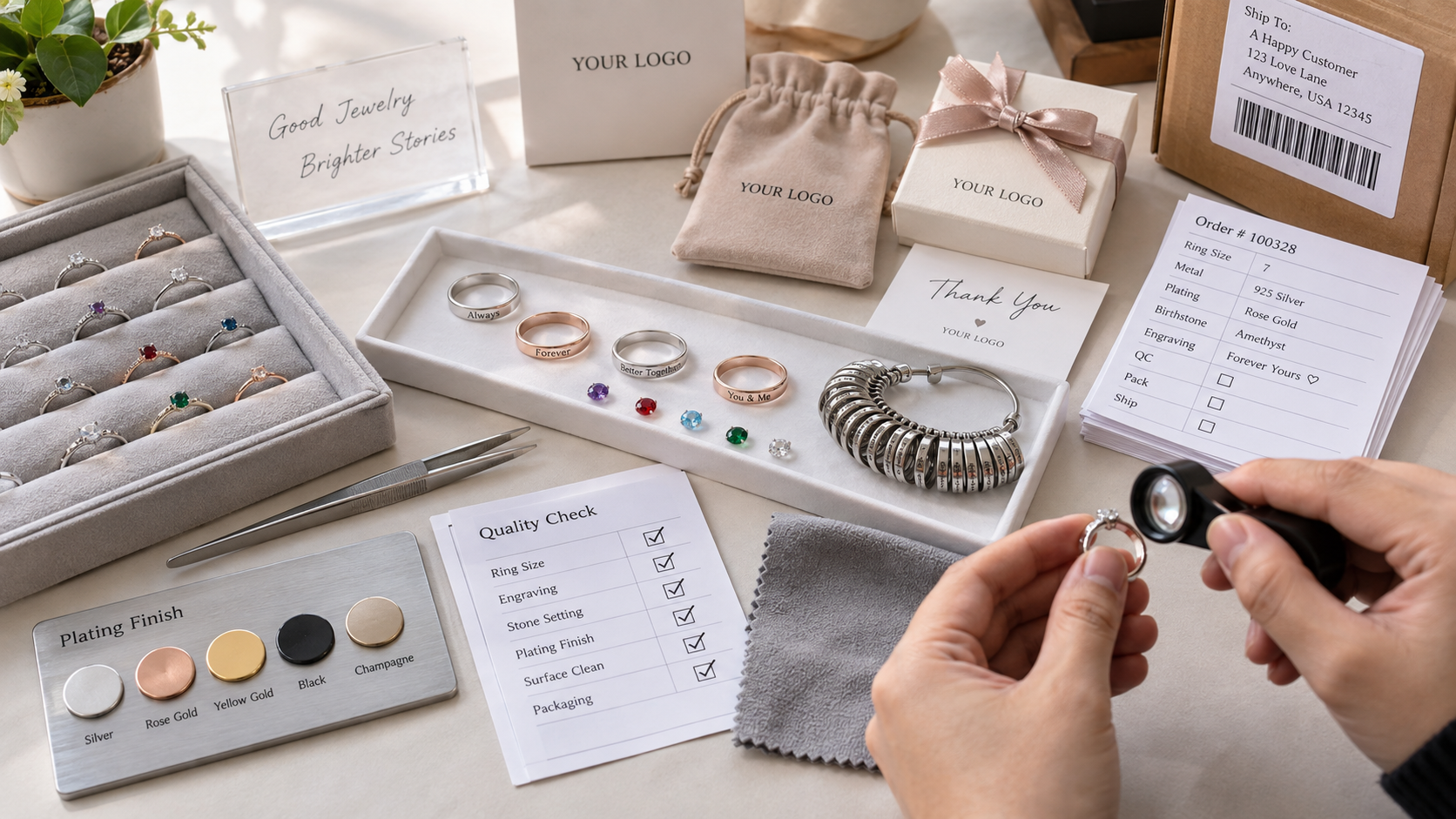Custom promise ring quality control workbench with sizing tools, engraving checks, plating swatches, birthstone options, and YOUR LOGO private-label packaging
